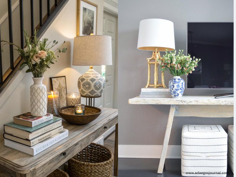 Entrway table decor with books decor