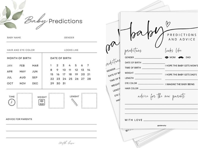 Baby shower advice cards and prediction notes filled out by guests at the event