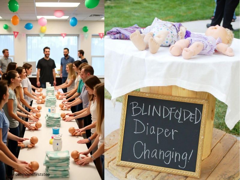 Guests participating in a fast-paced diaper changing relay game with baby dolls