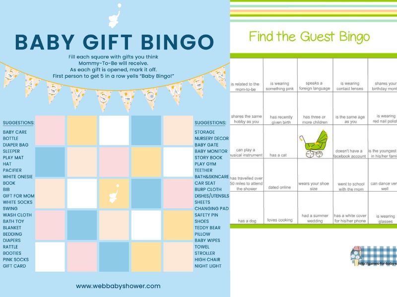 Fun baby shower games setup featuring baby bingo cards on a decorated party table