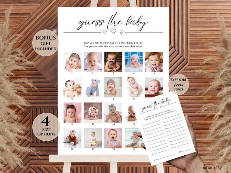 Baby shower game board displaying childhood photos for guests to guess identities