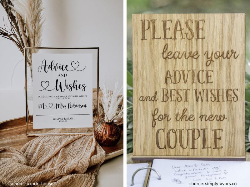 Wedding advice station sign with cards for guests to leave marriage tips