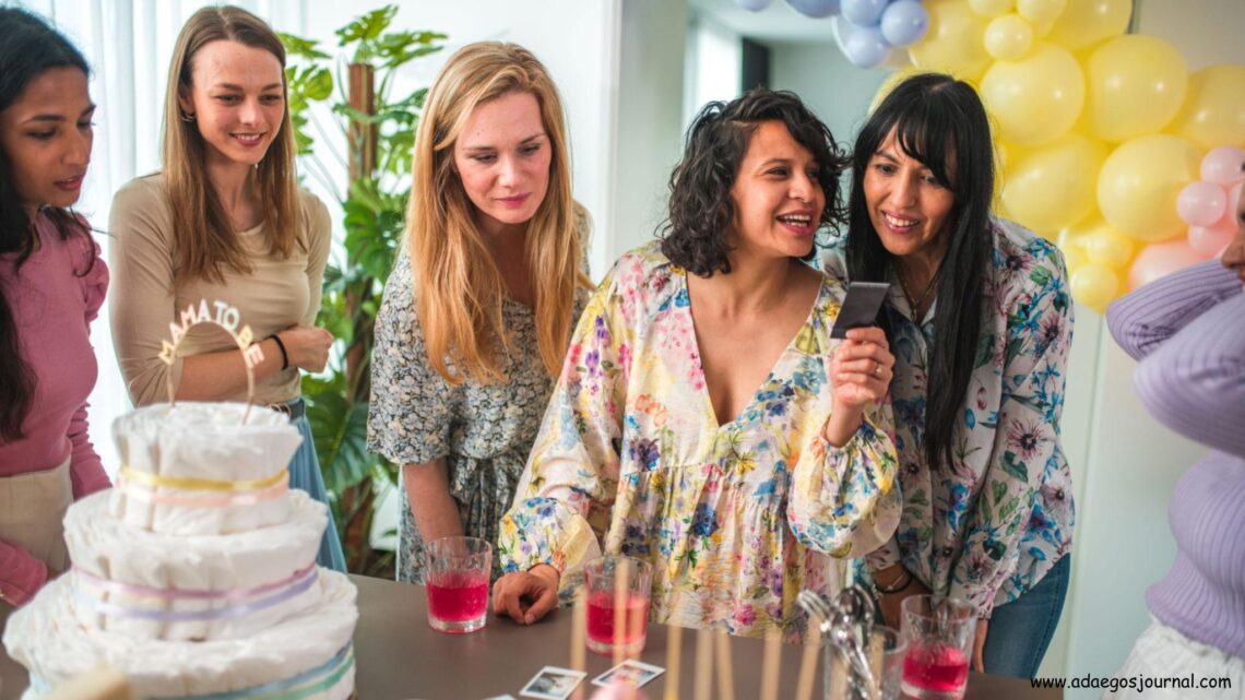 Guests laughing and enjoying fun baby shower games during a celebration