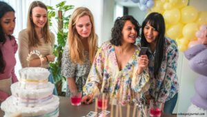 Guests laughing and enjoying fun baby shower games during a celebration