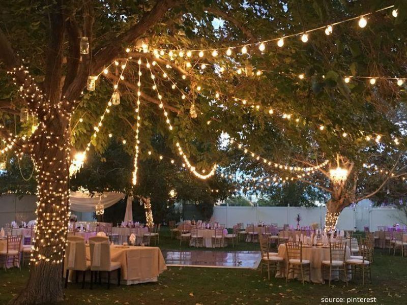 Romantic backyard wedding reception with warm string lights hanging above outdoor dining tables at night.