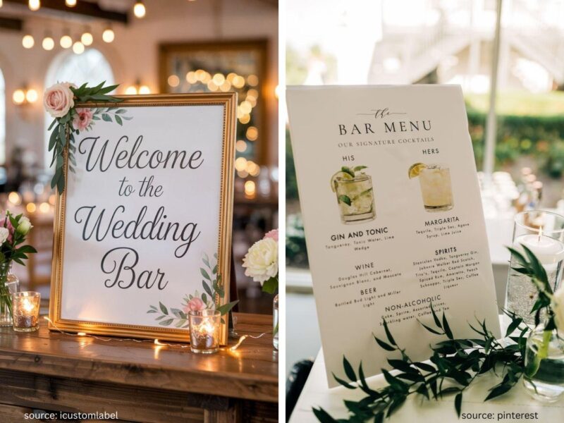 Wedding bar menu sign featuring signature cocktails and drink options