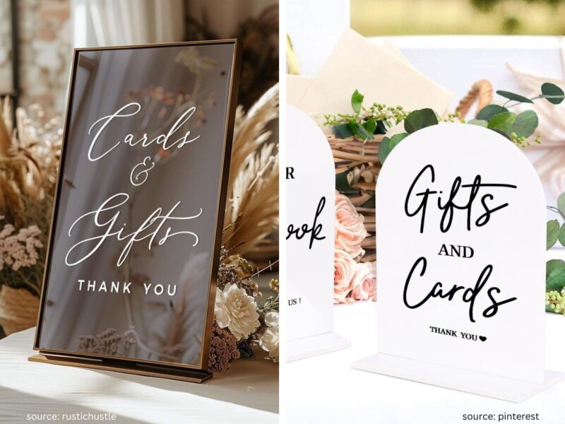 Elegant wedding cards and gifts table sign beside decorative card box