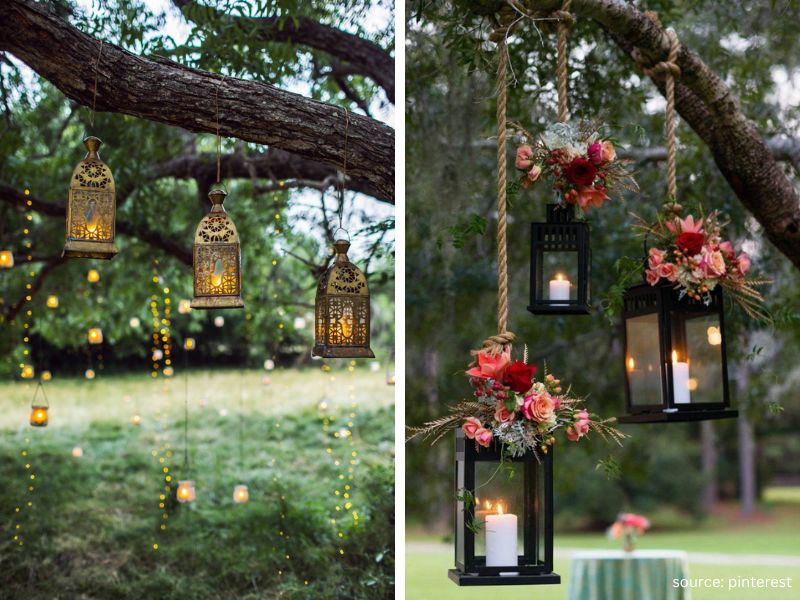 Cozy backyard wedding corner decorated with lanterns, candles, and soft evening lighting.