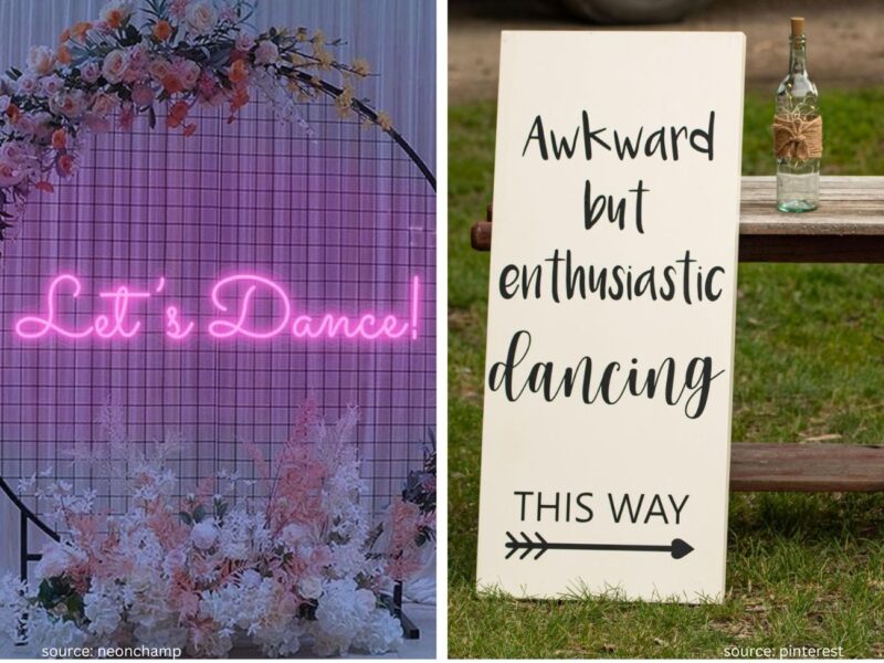 Wedding dance floor sign with romantic lighting and party decor