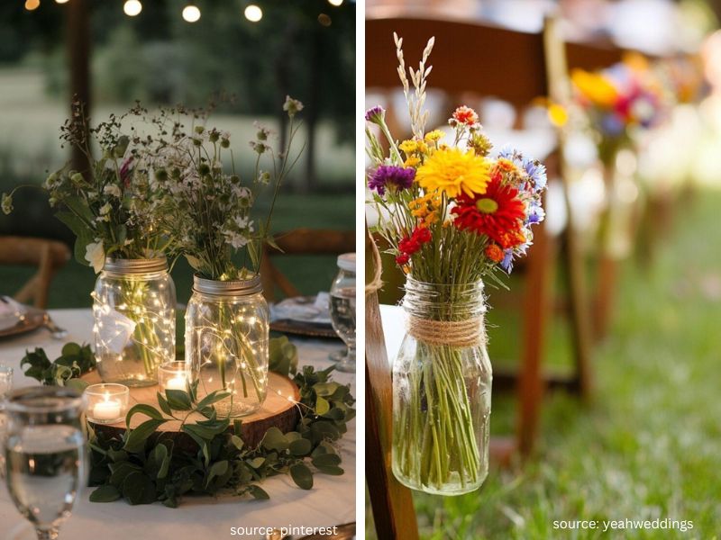 DIY mason jar floral centerpieces decorating rustic tables at a backyard wedding reception.