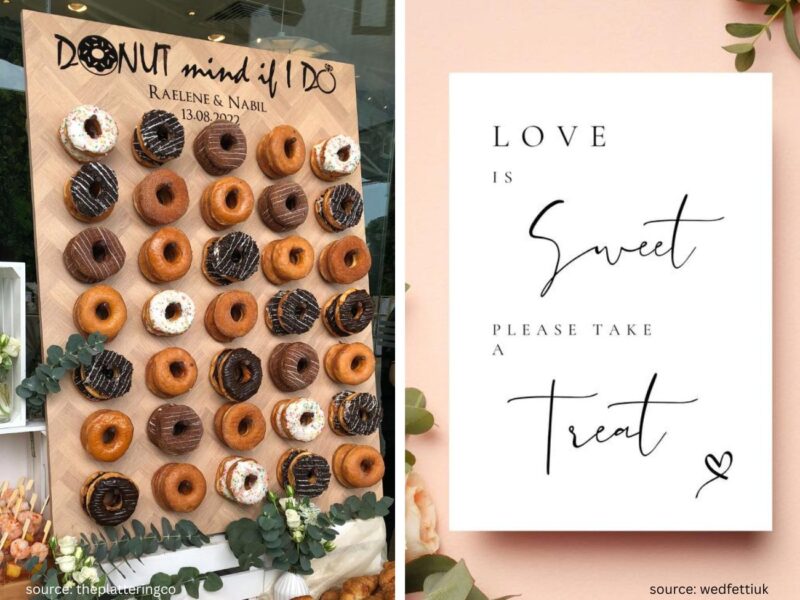 Wedding dessert table with sweet treats sign and elegant dessert display