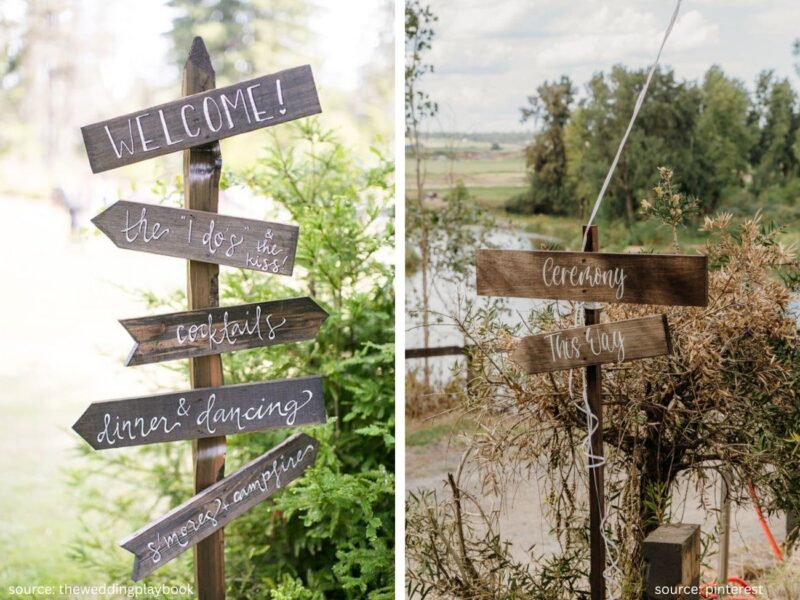 Wooden wedding directional signs pointing guests to ceremony and reception areas