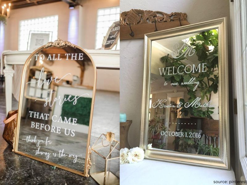 Elegant mirror wedding welcome sign with romantic calligraphy for an intimate wedding entrance.