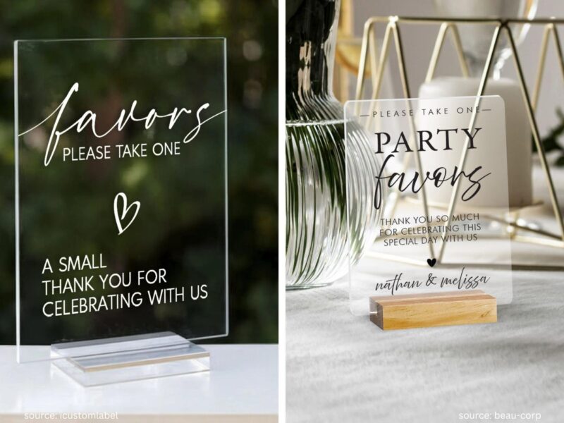Wedding favors table with thank-you sign and guest takeaway gifts