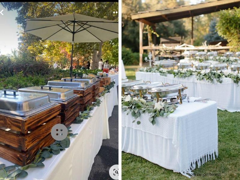 Outdoor wedding catering setup under shade protecting food from heat and sunlight.