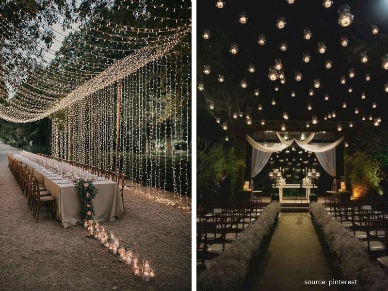 Outdoor wedding reception at night with string lights and lanterns creating warm ambiance.