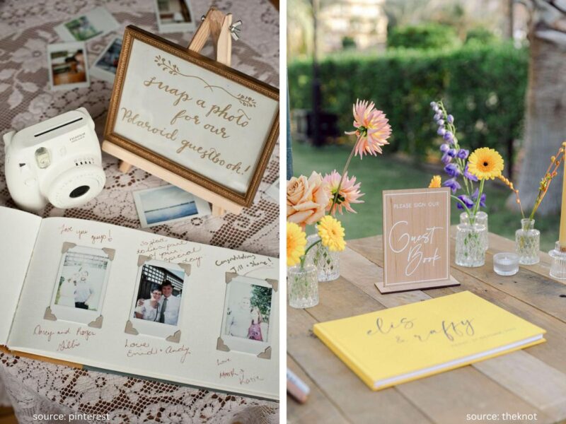 Wedding guest book table with decorative sign inviting guests to leave messages