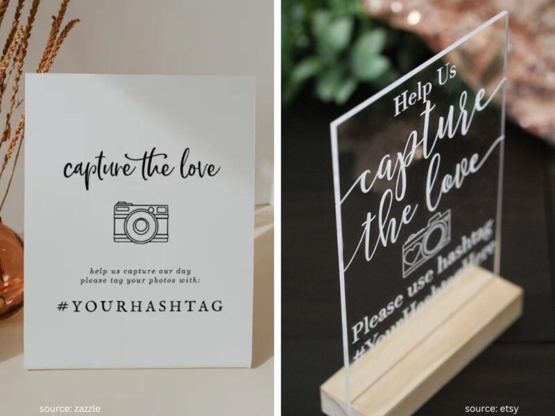 Modern wedding hashtag sign encouraging guests to share photos online