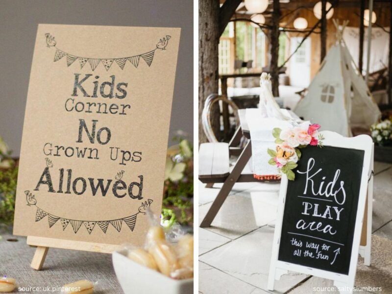 Cute kids’ table sign with wedding activity setup for children