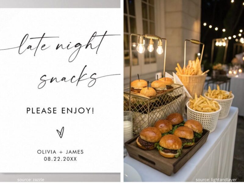 Late-night wedding snack station with fun food sign and treats
