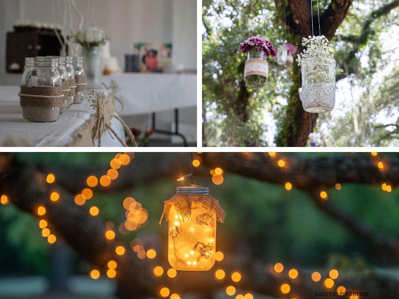 Rustic mason jar wedding centerpiece with fairy lights and flowers for affordable elegant wedding decor.