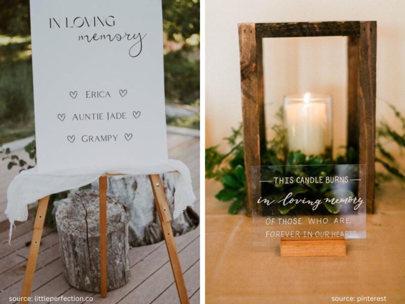 In loving memory wedding sign beside candles and framed family photos