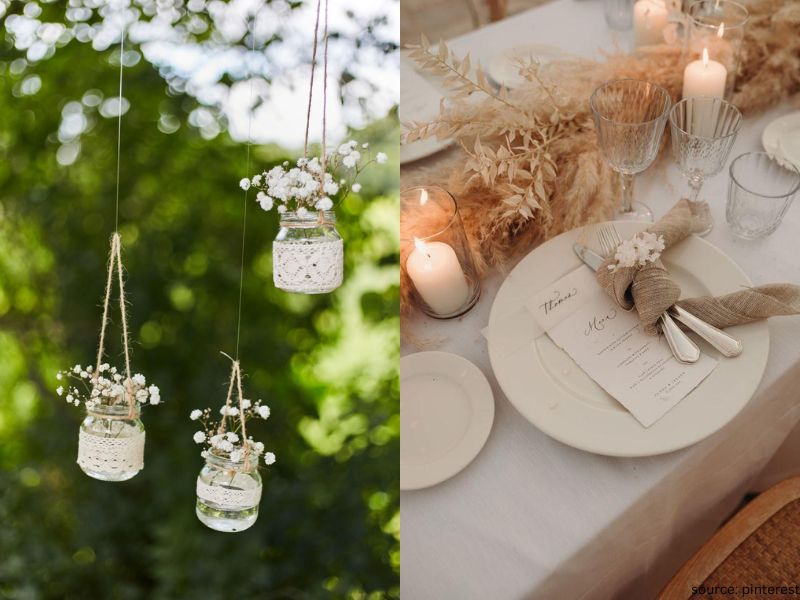Minimal intimate wedding decor with candles and greenery creating a clean elegant reception setup.