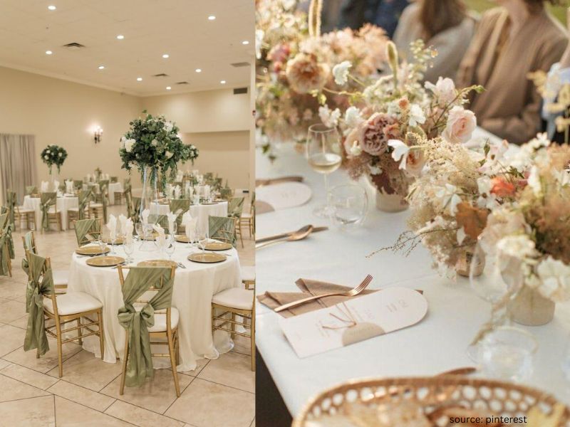Neutral wedding decor in beige, ivory, and sage tones creating a timeless elegant wedding aesthetic.
