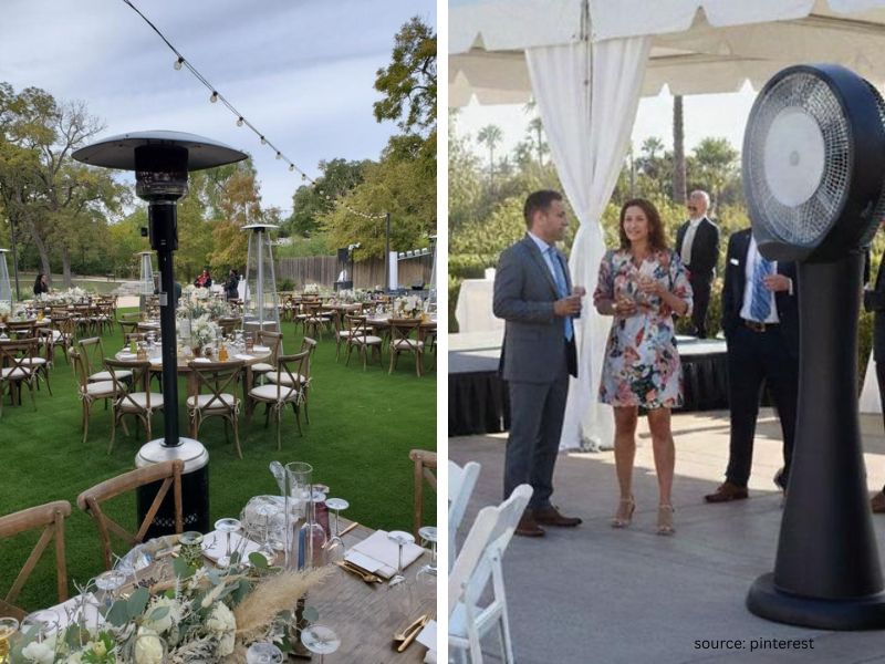 Outdoor wedding rental setup including tents, lighting, and chairs for event planning.
