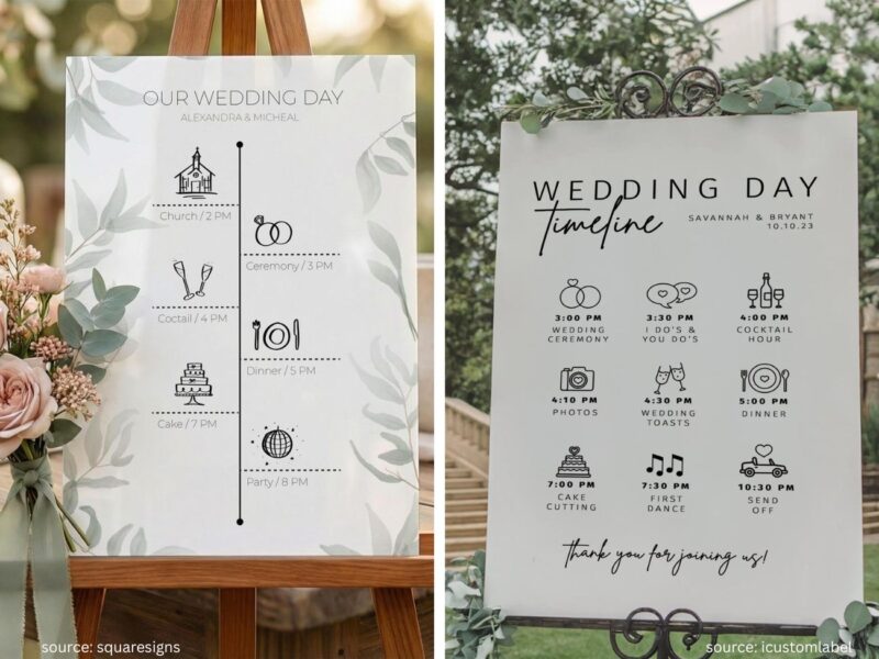 Minimalist wedding timeline sign showing the order of events for the day