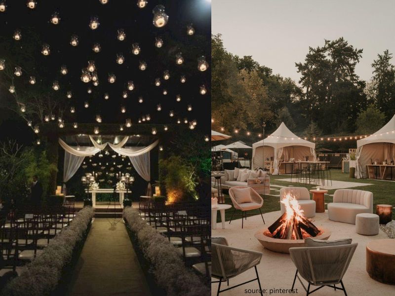 Outdoor wedding reception with string lights and candlelit tables creating a cozy romantic atmosphere.