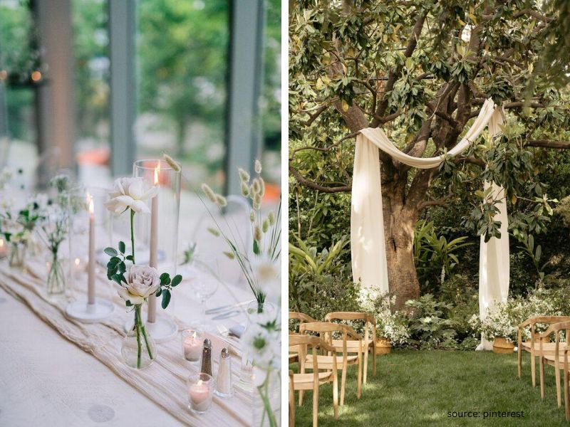 Minimal elegant outdoor wedding setup with natural scenery and simple decor.