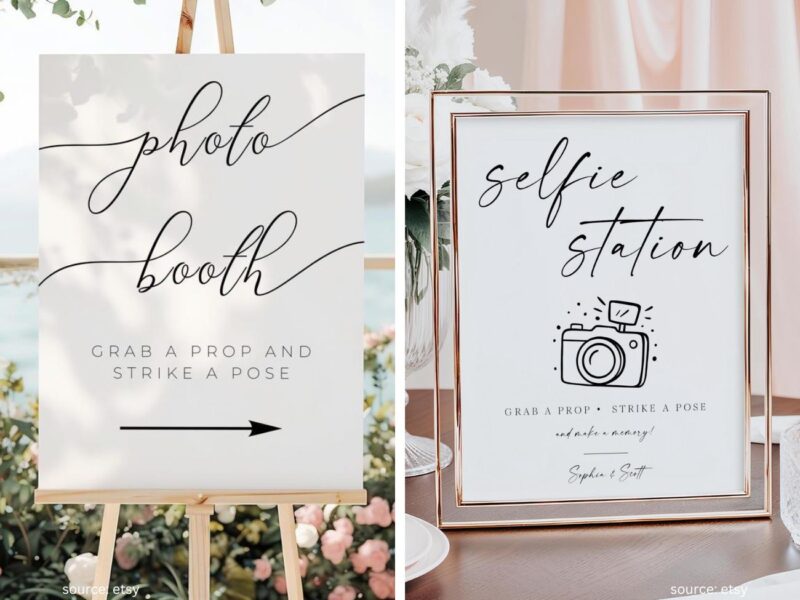 Fun wedding photo booth sign with props and selfie station setup