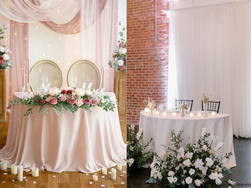 Candlelit sweetheart table with greenery and fairy lights for elegant intimate wedding decor.