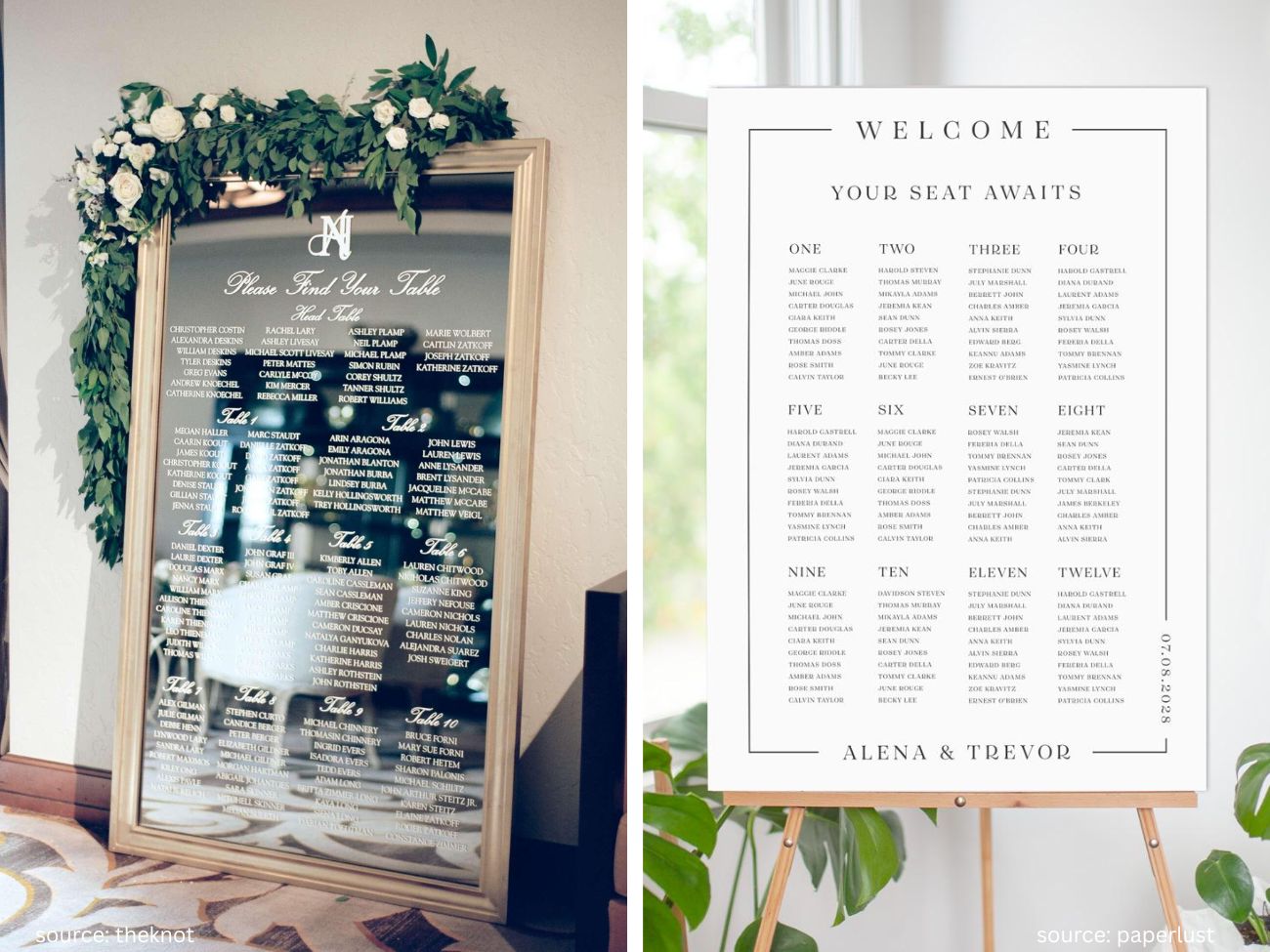 Creative wedding seating chart display with guest names and table assignments