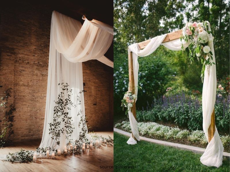 Soft fabric draping used to transform a simple wedding venue into a romantic intimate reception space.