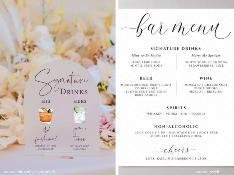 Custom wedding signature drinks menu sign at reception bar