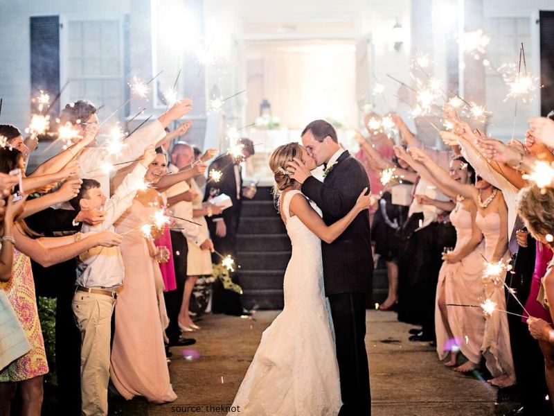 Romantic sparkler wedding exit at night with guests celebrating during the couple’s send-off.
