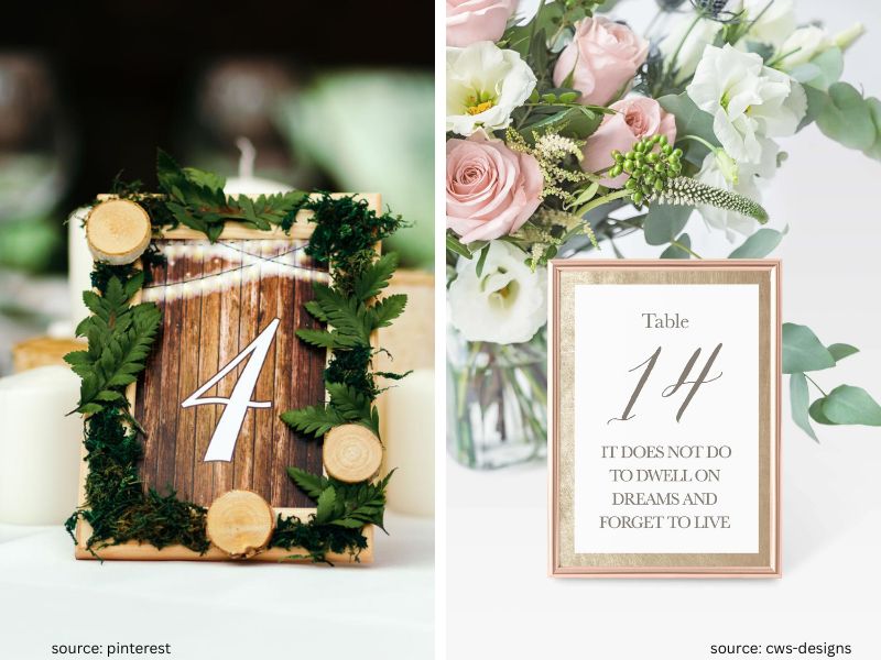 Wedding table number display with romantic quotes and elegant decor