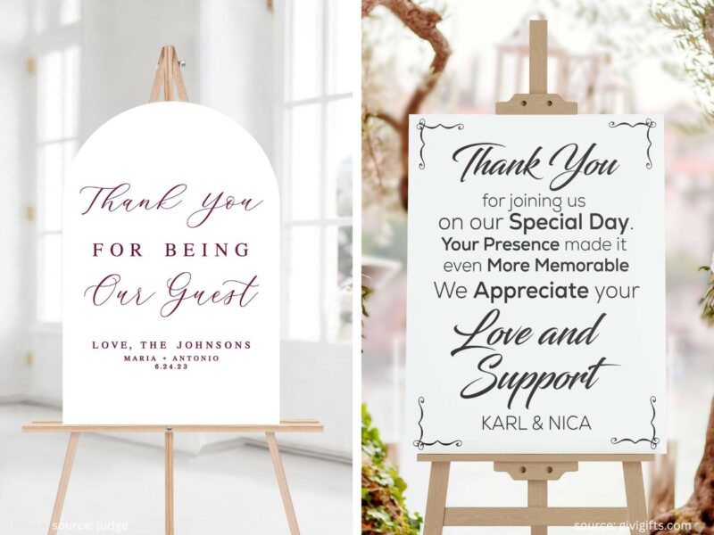 Wedding thank-you sign displayed near reception exit with candles
