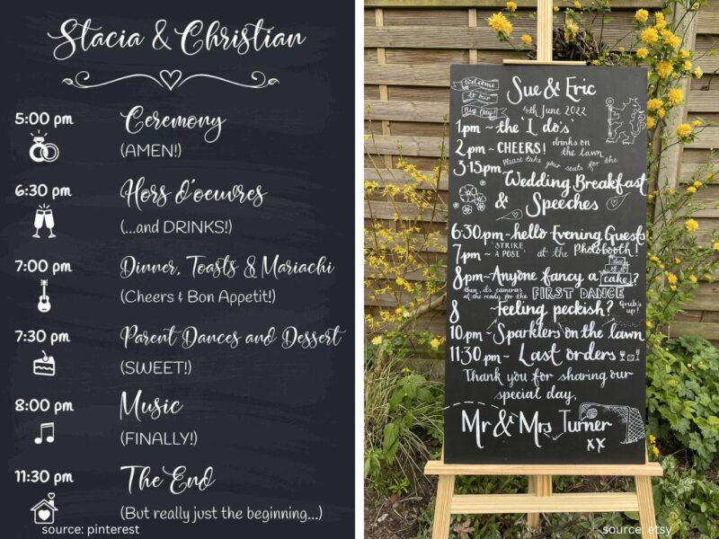 Rustic wedding timeline chalkboard sign displaying the day’s schedule
