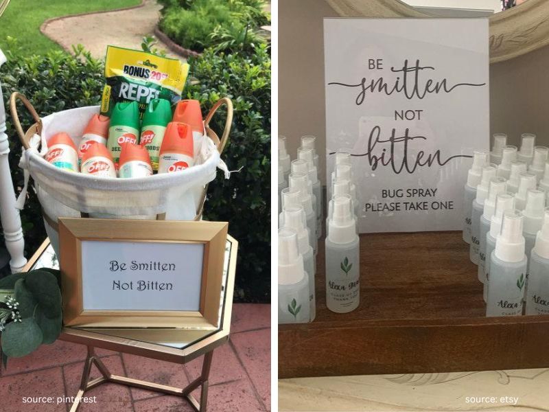 Outdoor wedding bug repellent station with citronella candles and fans for guest comfort.
