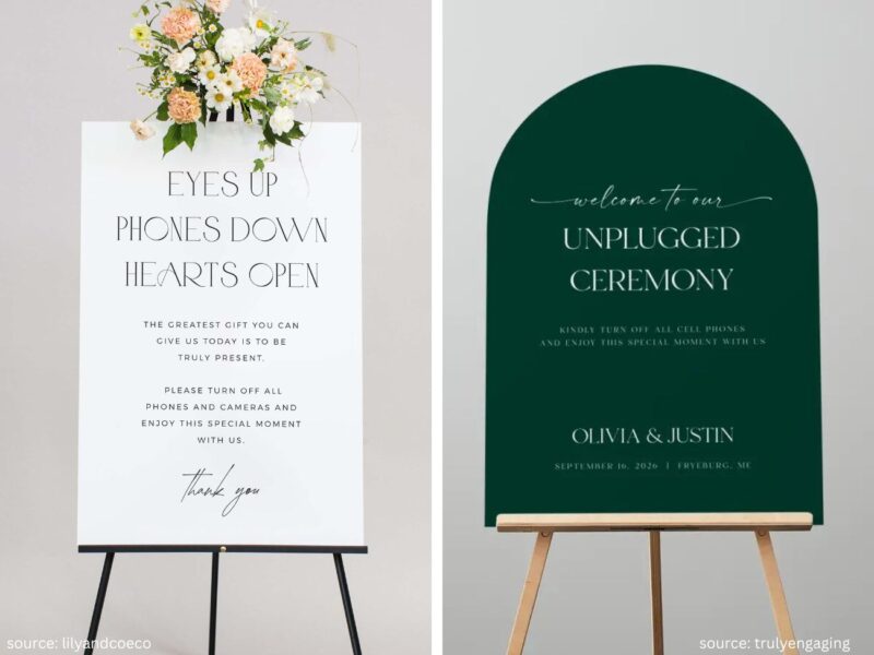 Rustic unplugged ceremony sign asking guests to put phones away