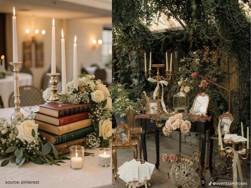 Vintage wedding decor with antique frames, candle holders, and lace details for a cozy romantic atmosphere.