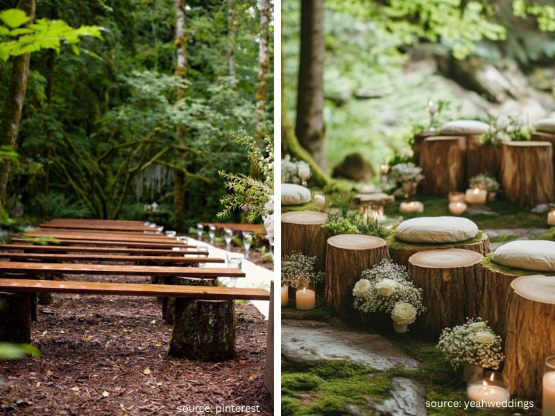 Rustic wooden bench seating on tree stumps for an intimate outdoor backyard wedding ceremony.