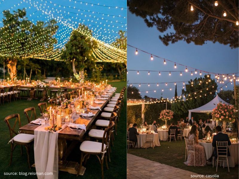 Romantic backyard wedding reception with warm string lights hanging above outdoor dining tables at night