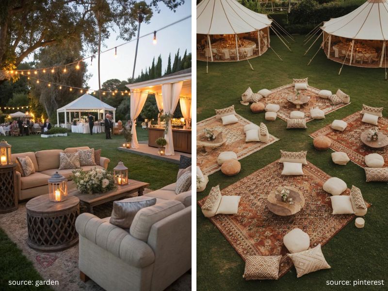 Cozy outdoor wedding lounge area with cushions, rugs, and soft lighting in a backyard setting.