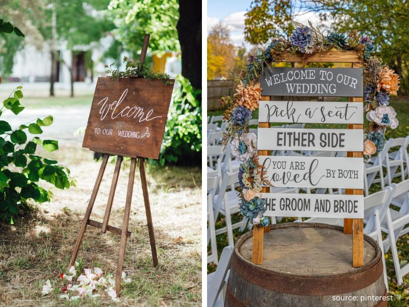 Backyard wedding entrance decorated with lanterns, candles, and a romantic welcome sign.