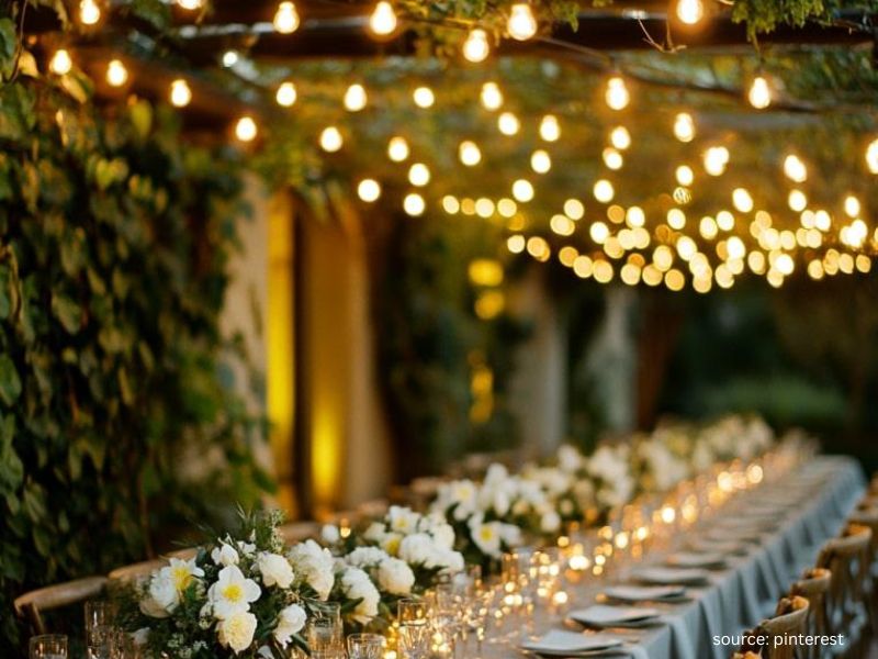 Outdoor backyard wedding reception with glowing bistro lights above long dining tables at night.