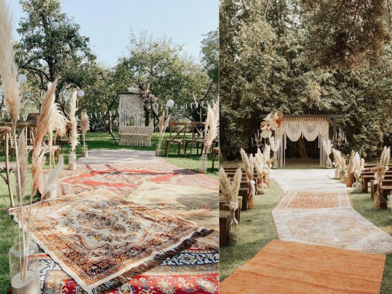 Layered outdoor rugs creating a cozy boho-style backyard wedding ceremony and lounge area.